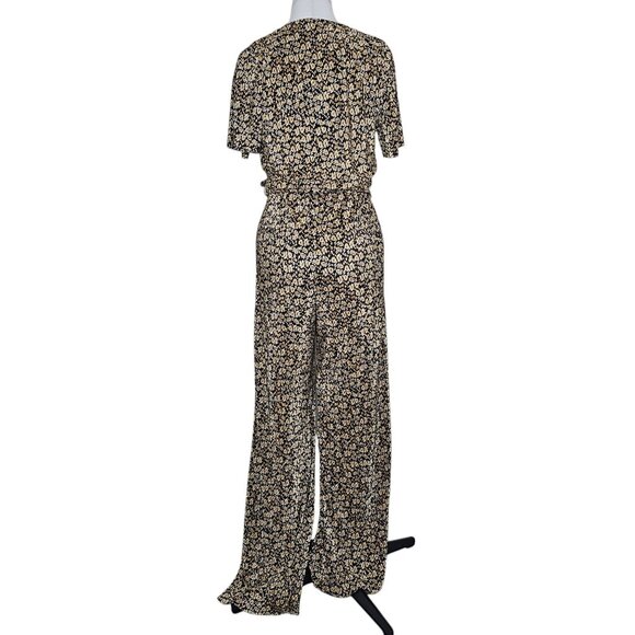 Zara M Black Floral Micro Pleat V Neck Jumpsuit Boho Wedding Special Occasion - Picture 5 of 7